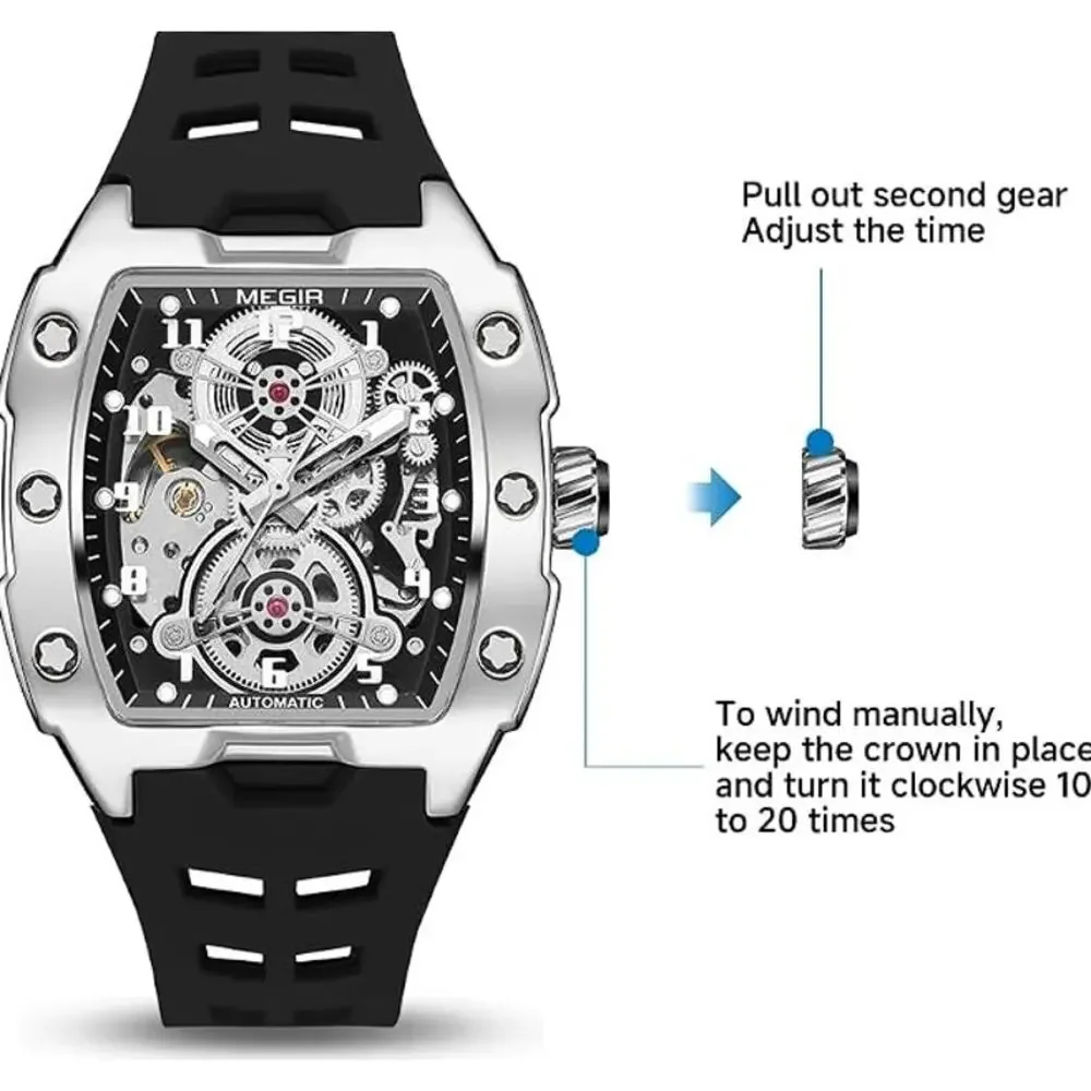 MEGIR Automatic Mechanical Watch 43x50mm Alloy Case 3ATM Water Resistant NEW